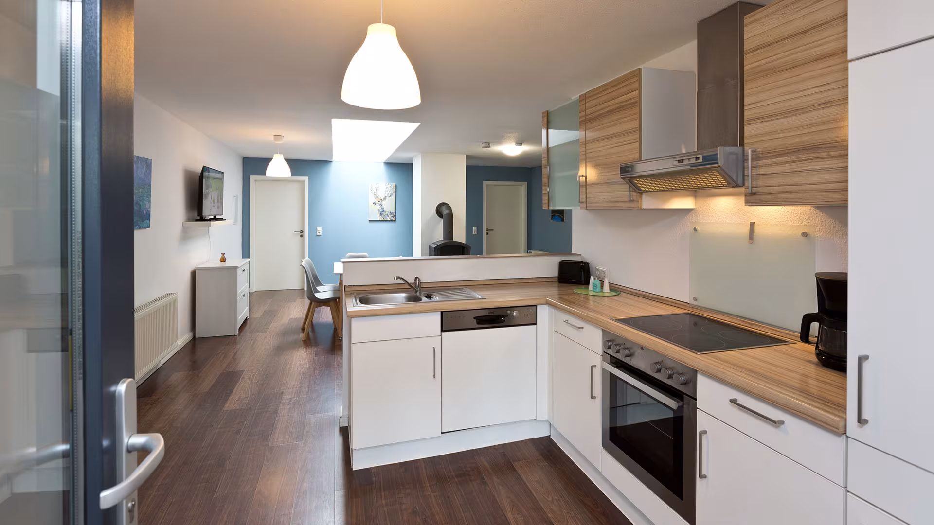 Küche mit Spüle und Kochfeld in der Ferienwohnung an der Müritz in Jabel