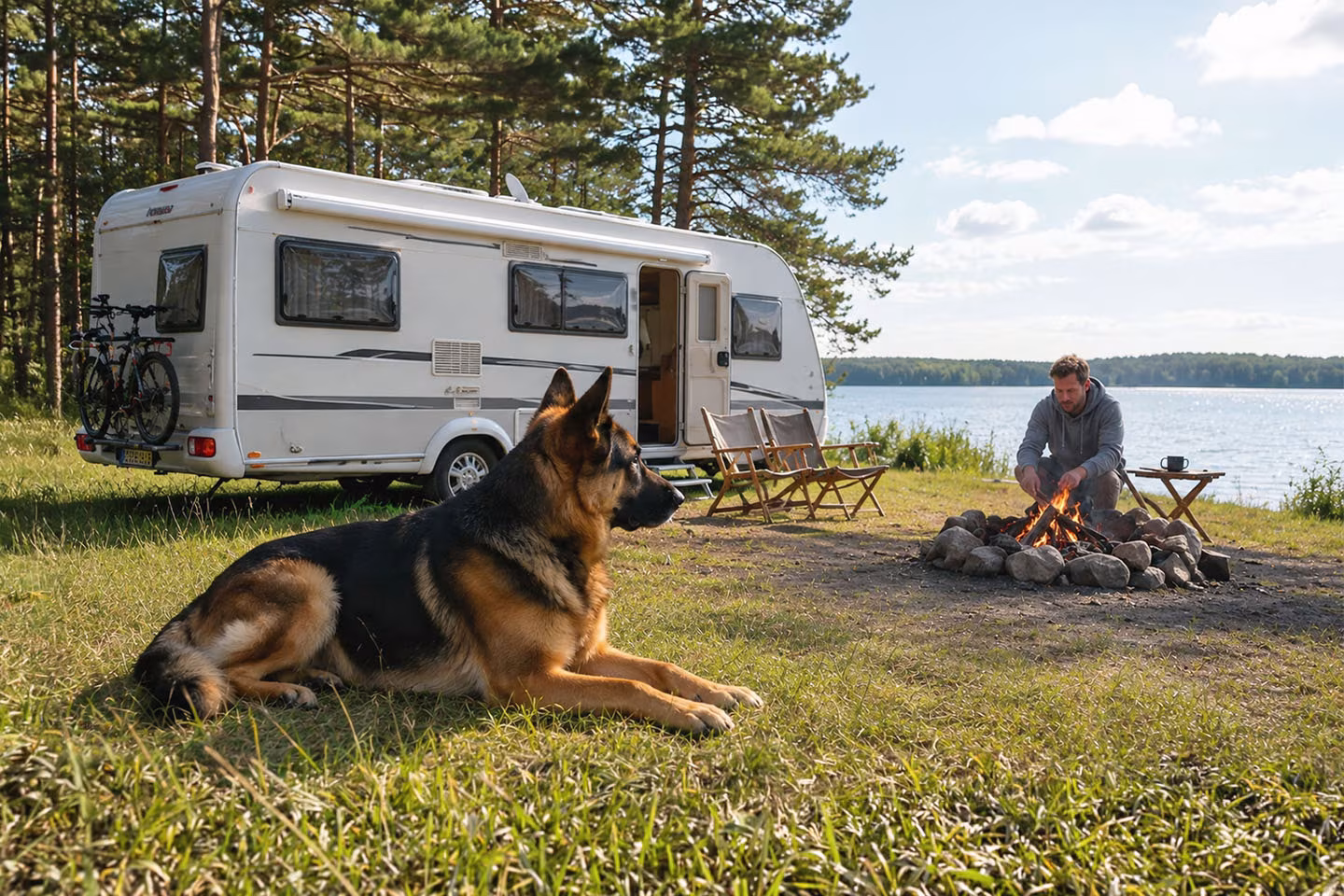 Camping mit Hund am Wohnmobil mit Lagerfeuer am Jabelschen See in Jabel