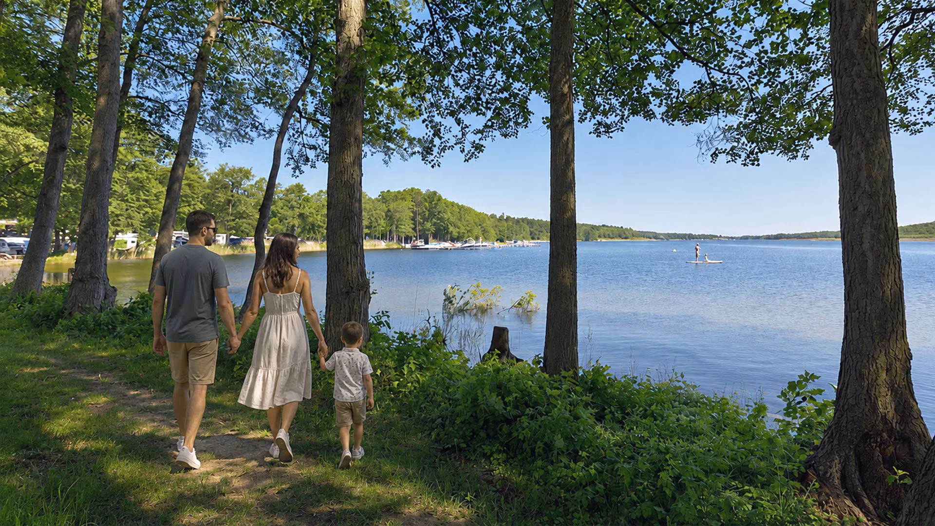 Familie beim Spaziergang am Jabelschen See an der Müritz
