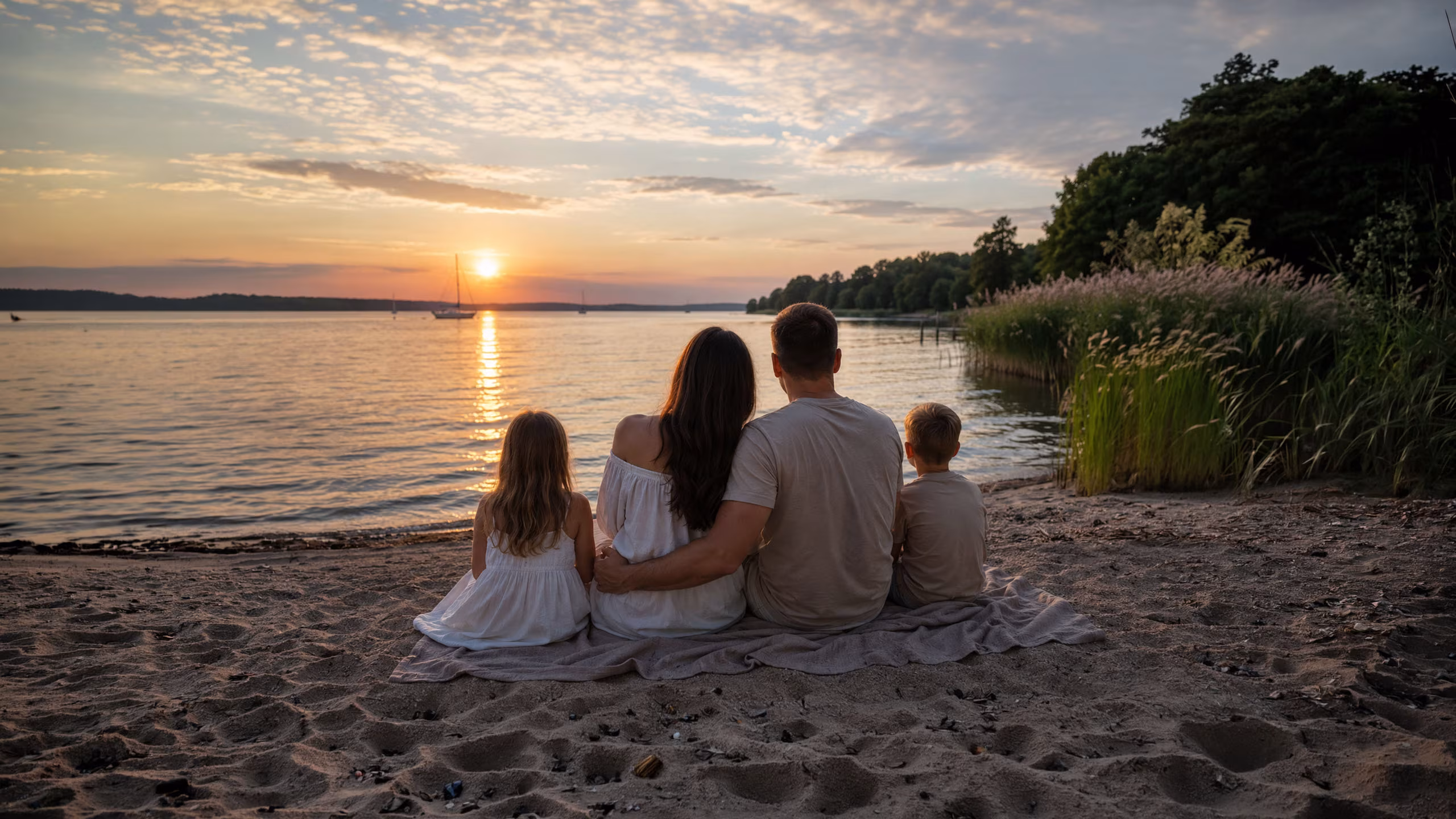 Familie am Jabelschen See bei Sonnenuntergang an der Müritz