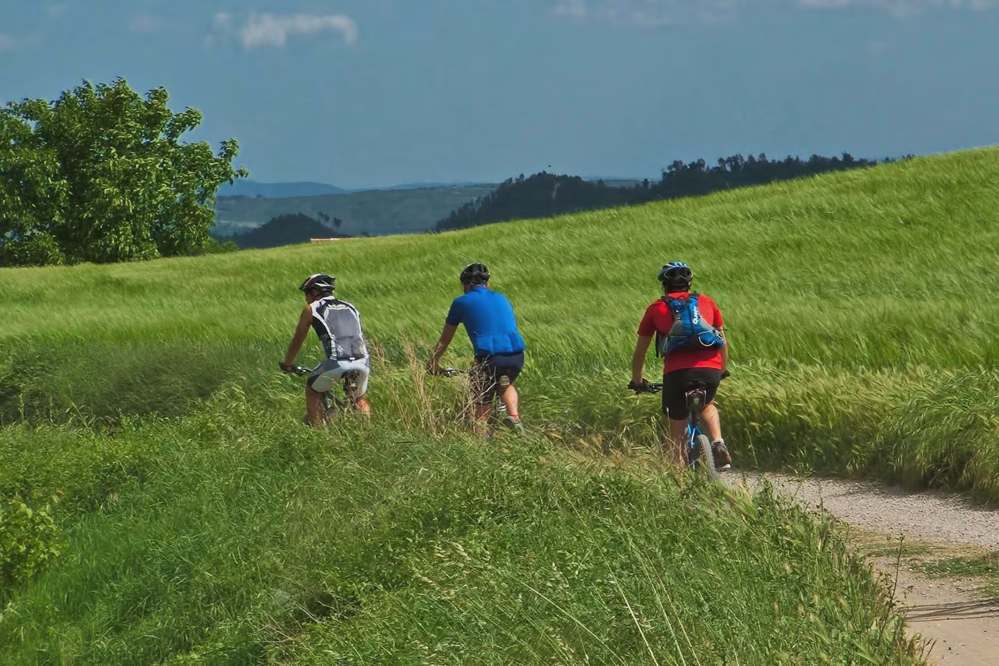 Radfahrer auf einer Tour durch die Wiesen an der Müritz bei Jabel