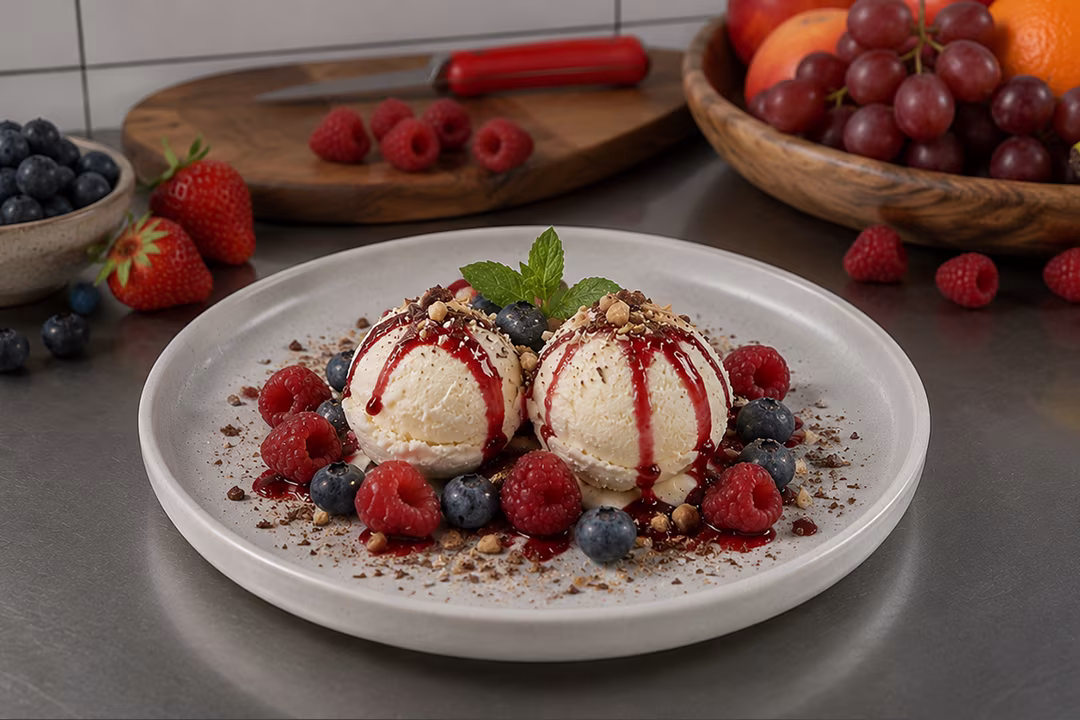 Dessert mit Eis und Beeren im Restaurant am See an der Müritz in Jabel