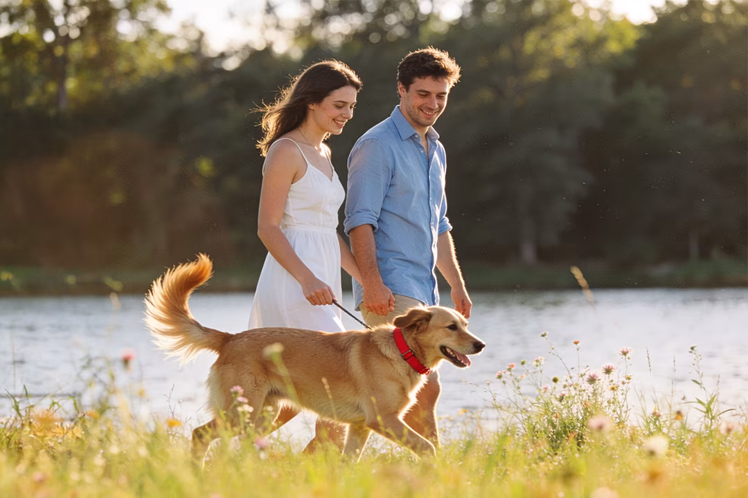 Paar mit Hund am Wasser bei Sonnenuntergang an der Müritz in Jabel