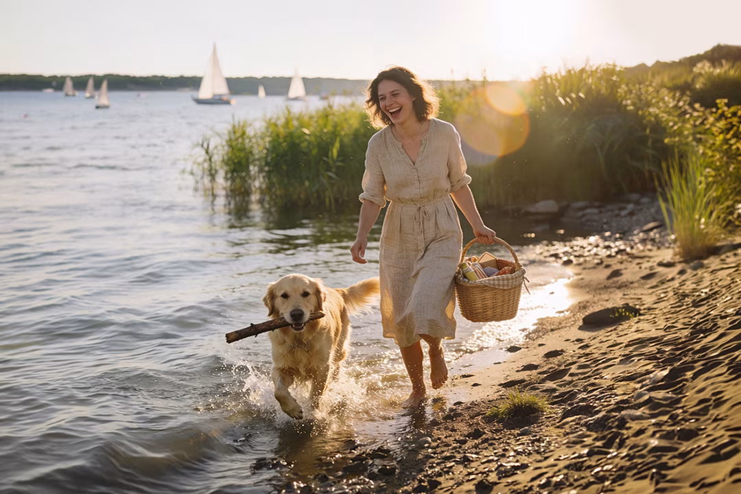 Frau mit Hund und Picknickkorb am Seeufer an der Müritz in Jabel