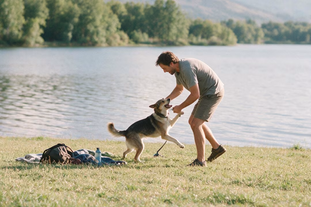 Mann spielt mit Hund am See an der Müritz in Jabel