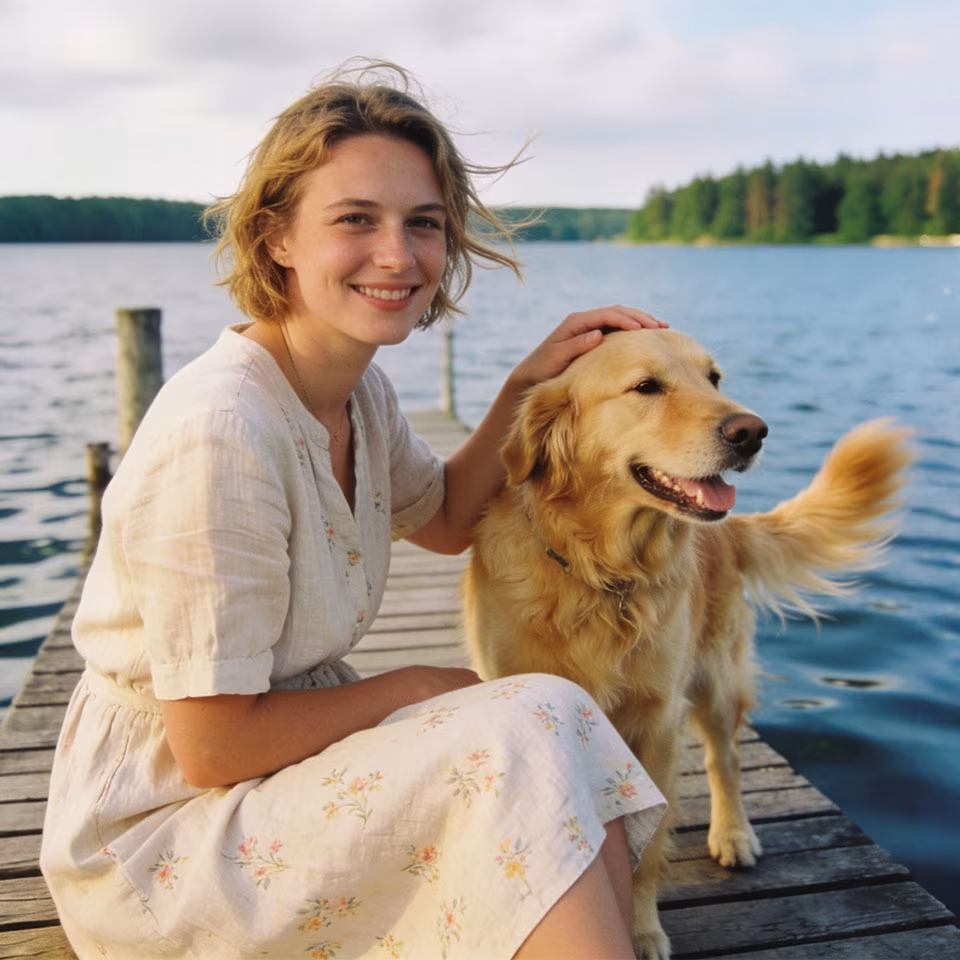Frau streichelt Golden Retriever am Wasser an der Müritz in Jabel
